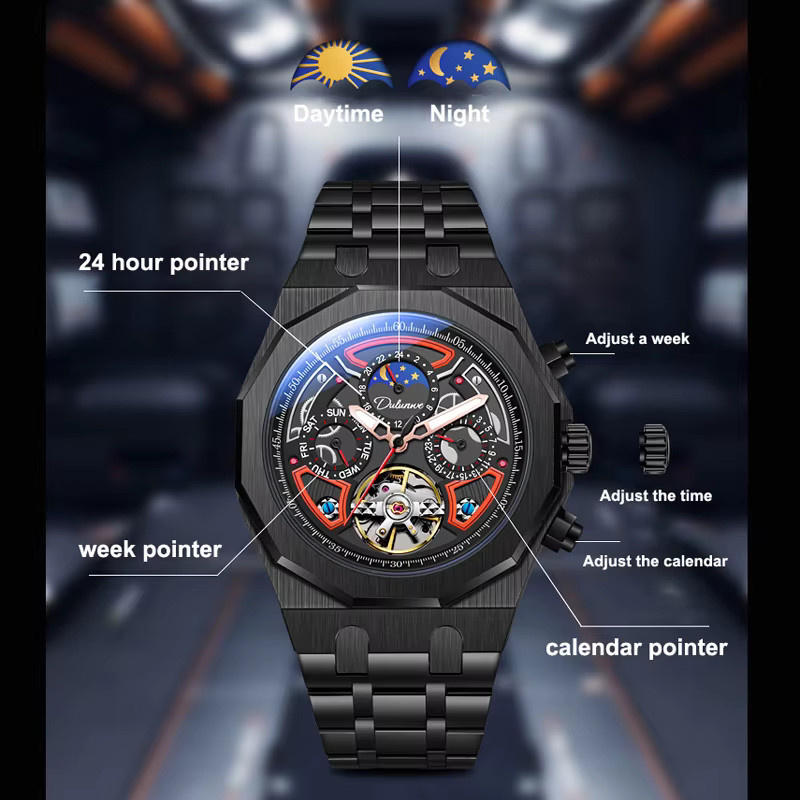 Dulunwe Armbanduhr, Automatik, Edelstahl, Kautschuk, Herren, Schwarz - Bild 1