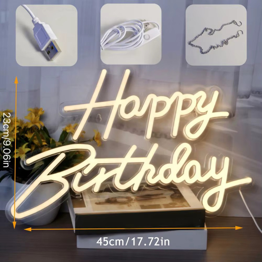 Dimmbares LED Neonschild Happy Birthday in Warmweiß als Wanddekoration mit USB-Anschluss und Acryl-Gehäuse - Bild 4