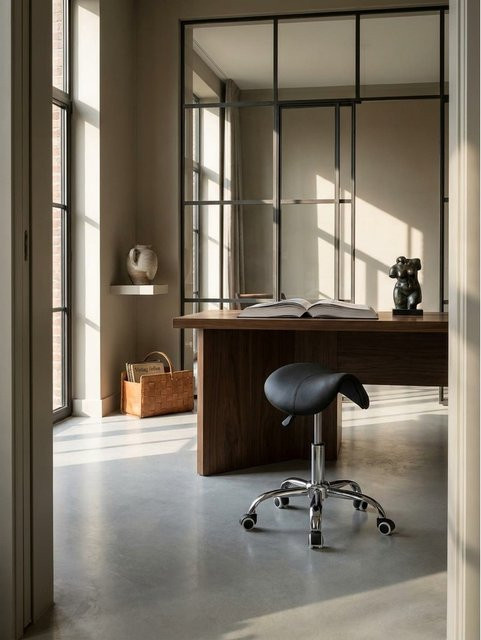 Arbeitshocker MENTON von KADIMA DESIGN mit Sattelsitz aus Kunstleder in Schwarz und Silber, höhenverstellbar, drehbar und mit Rollen, B/T/H: 60 x 60 x 60 cm - Bild 1