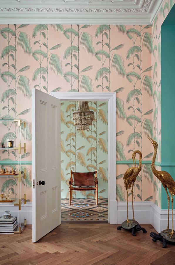 Cole & Son Tapete Palm Leaves Icons in Alabaster mit Pink und Mint, botanisches Floral-Design, Non-Woven - Bild 1