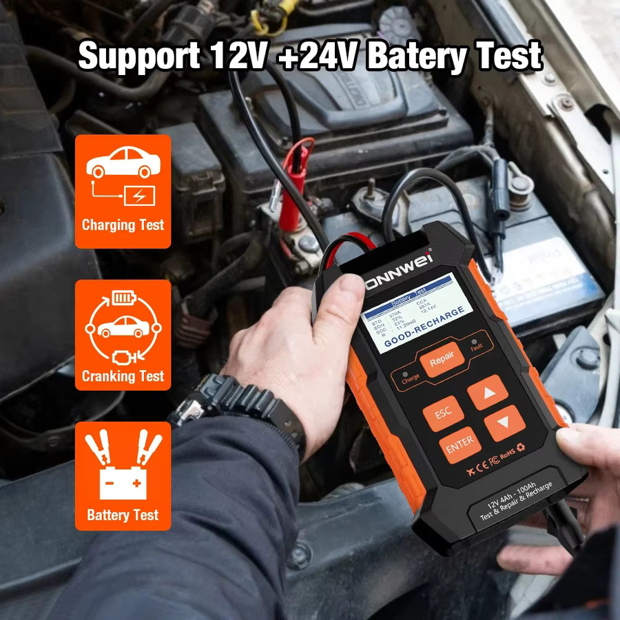 KONNWEI KW520 Automatischer Batterie Tester und Ladegerät für Auto und Lkw in Schwarz, 12V 10A und 24V 5A, für Blei, Acid, AGM, Gel und Lithium mit Puls Reparatur Funktion - Bild 5