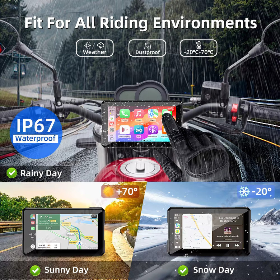 AKAMATE Motorrad-Monitor mit kabellosem CarPlay und Android Auto, tragbares GPS-Navigationsgerät mit Bluetooth und IPS Touchscreen in Schwarz - Bild 4