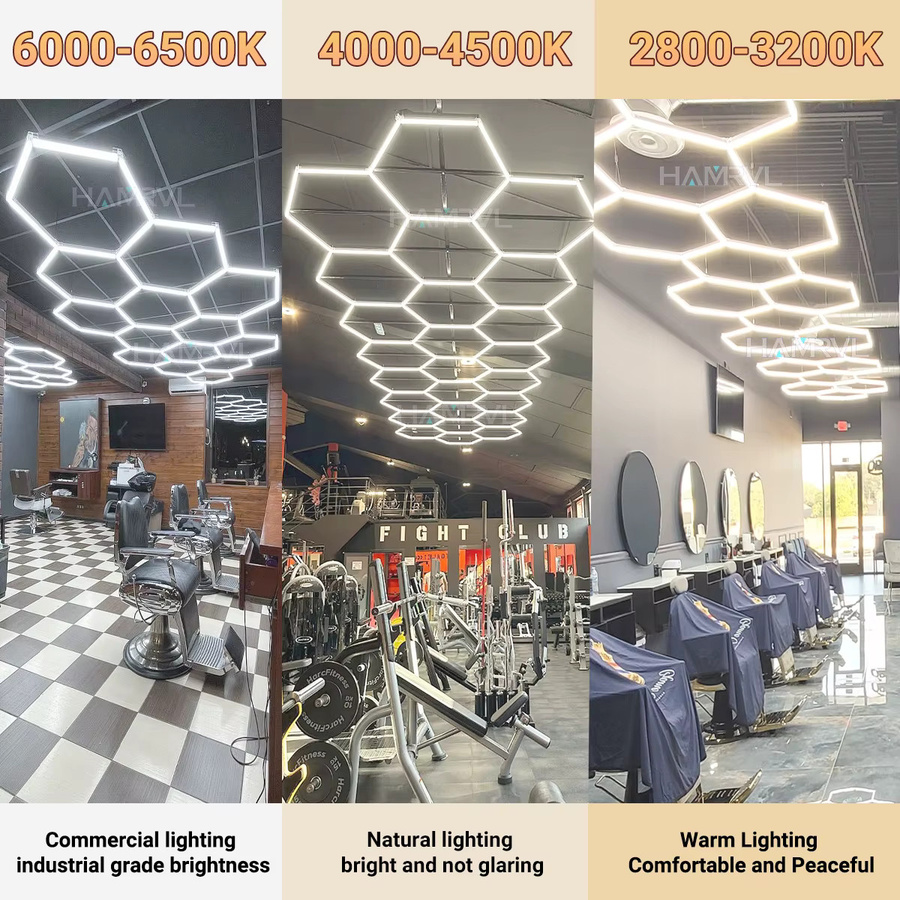 HAMRVL Sechseckige LED-Garagenbeleuchtung aus Aluminium in Weiß und Silber, dimmbar mit Farbwechsel (3000K-6000K) für Werkstatt, Friseursalon und Fitnessstudio - Bild 4
