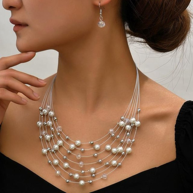 RaviMour Jewellry Schmuck-Set, Halskette, Ohrringe, Kristall, Perle, weiß, Damen - Bild 1