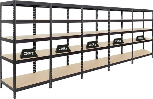 5er Set PROREGAL Schwerlastregal Rivet aus Stahl und MDF-Holzplatten, Schwarz, H x B x T: 180 x 90 x 60 cm - Bild 1
