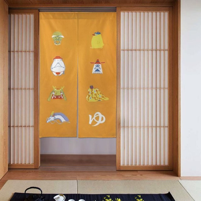 VIKAMA Japanischer Halbtürvorhang in Gelb mit Natur-Motiv und orientalischem Design - Bild 1