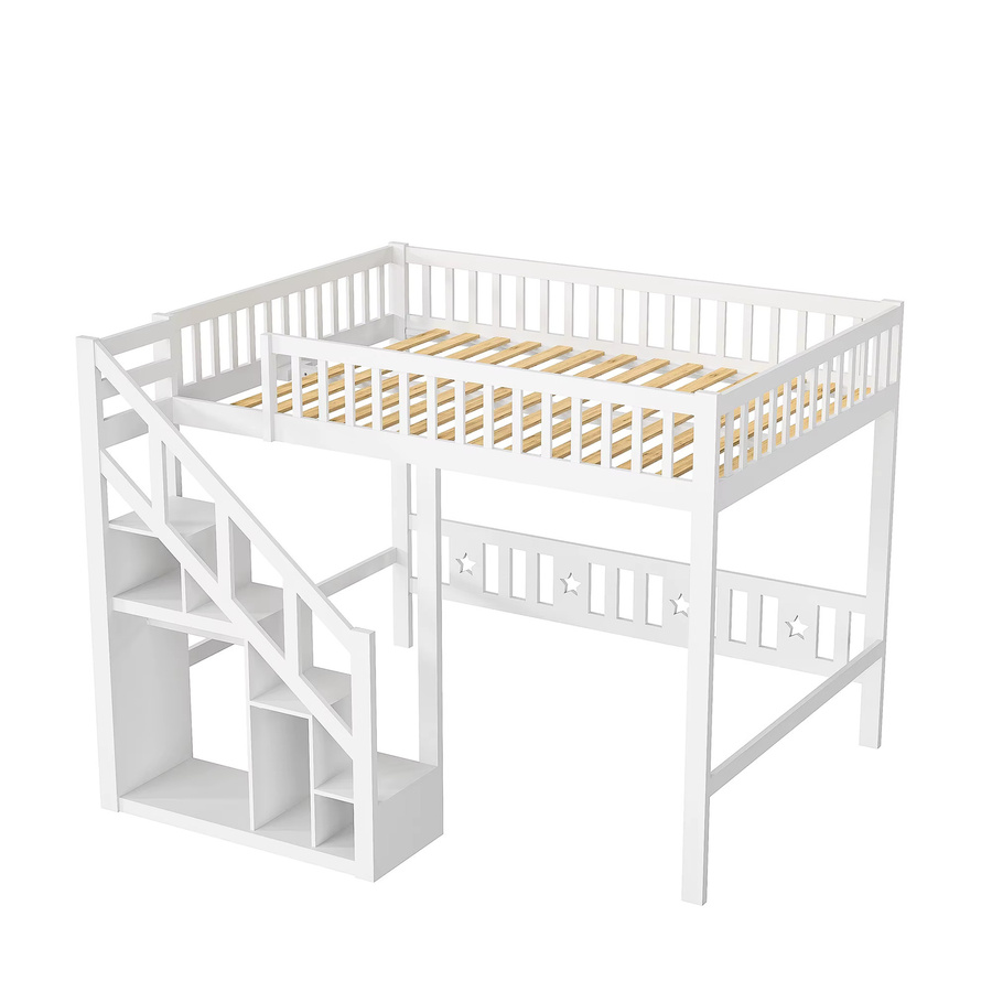 Comanlai Kinder-Hochbett aus Massivholz in Weiß mit Treppe, Sicherheitsgeländer und Stauraum, B/T/H: 140 x 200 x 125 cm - Bild 2