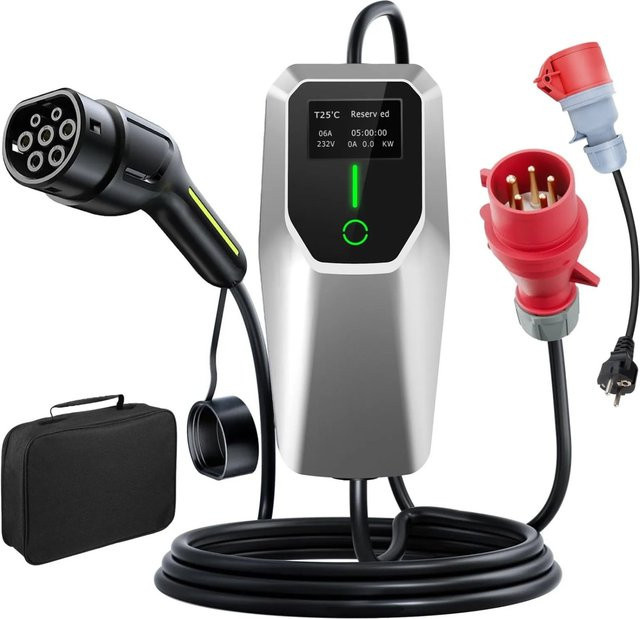 Junsun EV Ladegerät 11kW mit 4m Type 2 Kabel und Adapter, silber, 3-phasig 6-16A - Bild 1