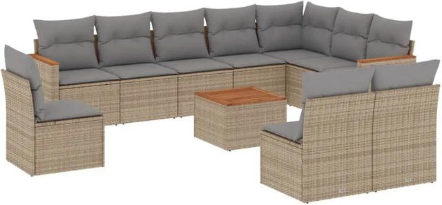 vidaXL 11-tlg. Garten-Sofagarnitur in L-Form aus Poly-Rattan und Akazienholz mit Kissen in Beige - Bild 1