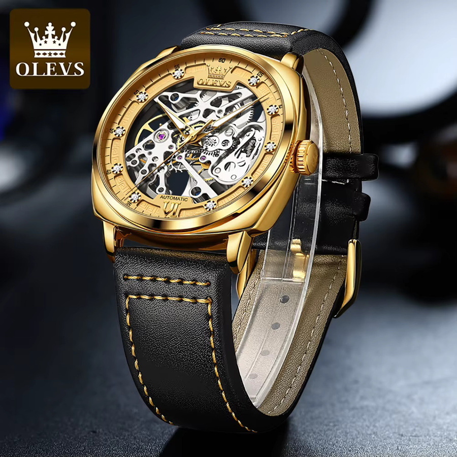 OLEVS Armbanduhr, Automatik, Leder, Schwarz, Gold, Herren - Bild 2