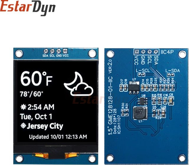 EstarDyn 1,5 Zoll SH1107 OLED-Displaymodul mit 128x128 Pixeln und I2C 4-Pin Anschluss für ESP32 und Raspberry Pi - Bild 1
