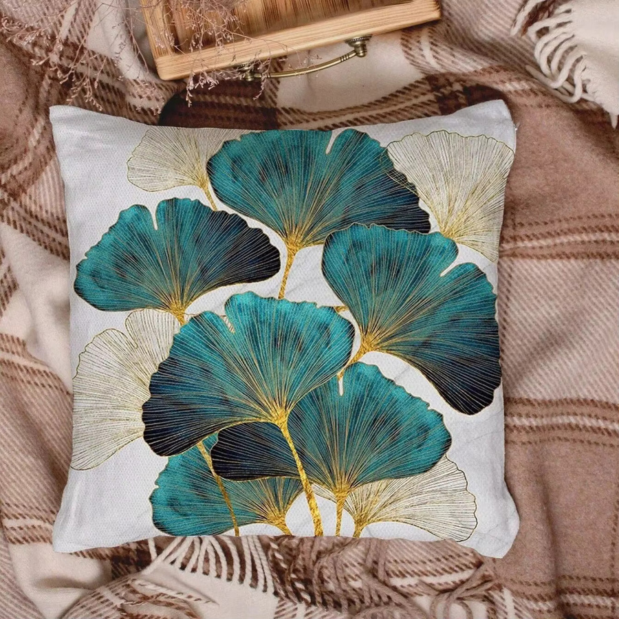 Weicher Plüsch-Kissenbezug mit Ginkgoblatt-Print in Mehrfarben, quadratisch, B/T: 45 x 45 cm - Bild 3