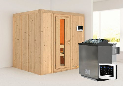 Karibu Sauna Rakvere aus Fichtenholz in Beige für 3 Personen inklusive 9 kW Bio-Kombi-Saunaofen mit externer Steuerung B/T/H: 198 x 170 x 196 cm - Bild 1