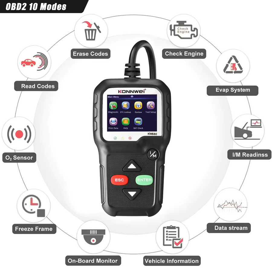 KONNWEI KW680 Auto OBD2 Fehlerdiagnose-Scanner mit Sprachfunktion, Kfz-Diagnosegerät und ELM327 Codeleser, Schwarz - Bild 3