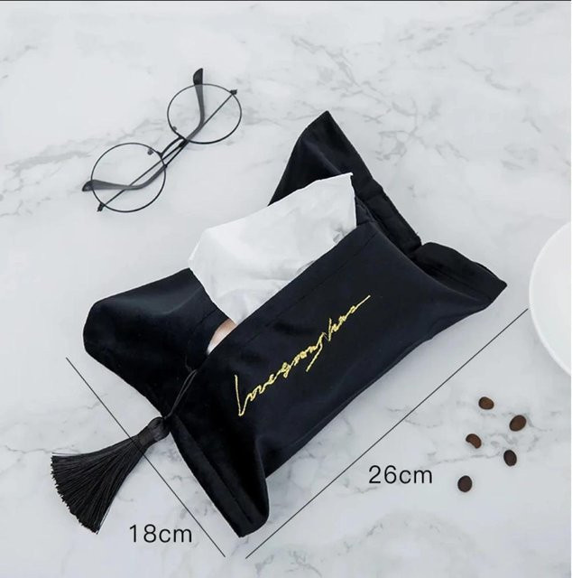 Besticktes Taschentuchbox-Set aus Samt in Schwarz mit Quaste im orientalischen Stil - Bild 1