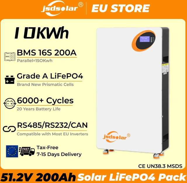 Jsdsolar Solar-LiFePO4-Akku Powerwall Klasse A mit integriertem BMS, 51,2 V, 200 Ah, 10 kWh zur Energiespeicherung für dein Zuhause - Bild 1