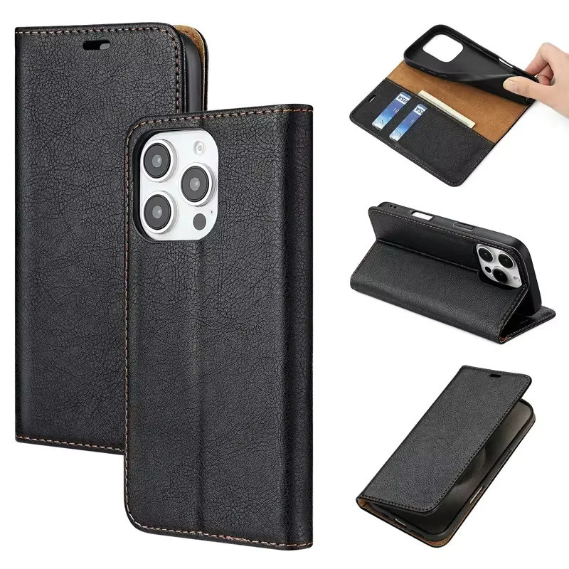 LLCOHA Magnetische Leder-Brieftasche als Flip Cover und Standfunktion für iPhone 16 Pro Max, 15 Plus, 14, 13, 12, 11 in Schwarz - Bild 2