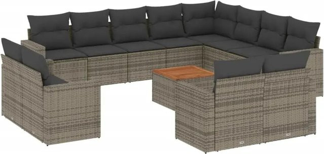 vidaXL 13-teilige Garten-Sofagarnitur aus Poly-Rattan und Akazienholz in Grau mit Kissen - Bild 1