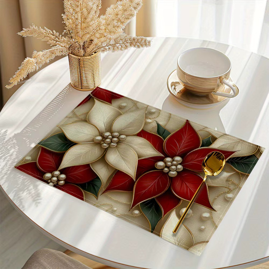 VIKAMA 4-teiliges Weihnachts-Tischset mit Blumenmuster und goldenem Besteck für deine festliche Tischdekoration - Bild 3