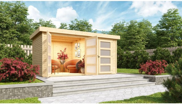 Karibu Holz-Gartenhaus Mühlenbach Natur Flachdach Unbehandelt B: 400 cm, T: 242 cm, H: 211 cm - Bild 1