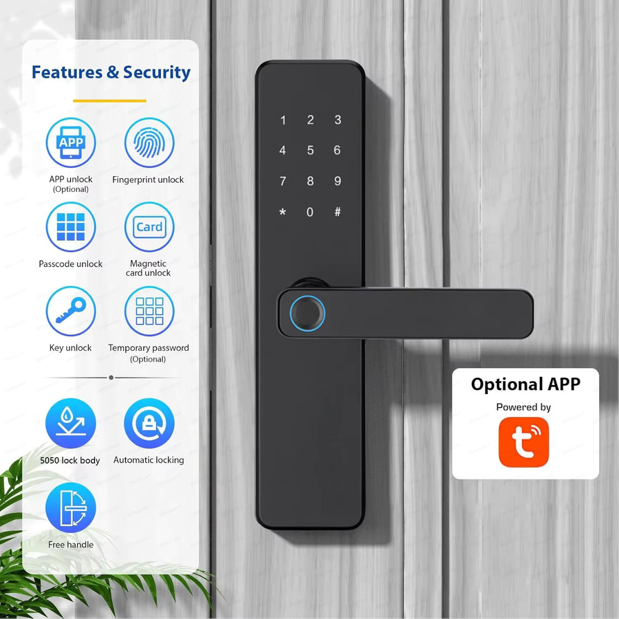 5-in-1 Elektronisches Smart Lock in Schwarz mit Fingerabdruck, biometrischem Wi-Fi und Tuya-App-Fernbedienung für Türschlössse mit einer Dicke von 35–60 mm - Bild 3