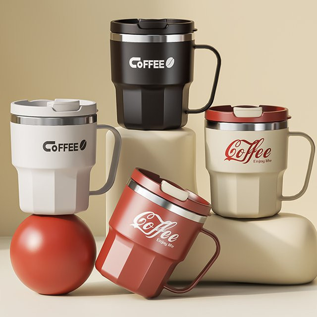 WORTHBUY Edelstahl Kaffeetasse mit Deckel und Griff, isoliertes Doppelwand-Trinkgeschirr, 440 ml - Bild 1
