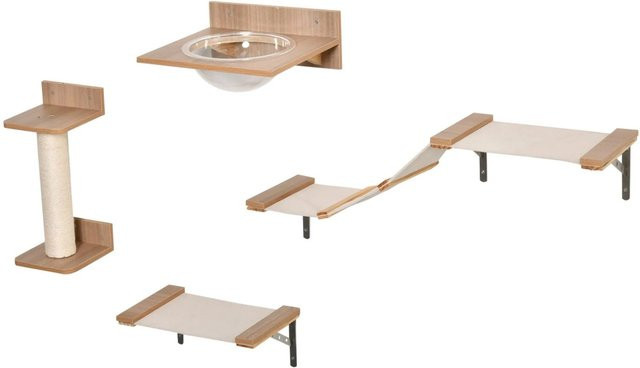 PawHut 4-teilige Kletterwand für Katzen mit Kratzbaum, Katzentreppe und Hängematte in Braun - Bild 1