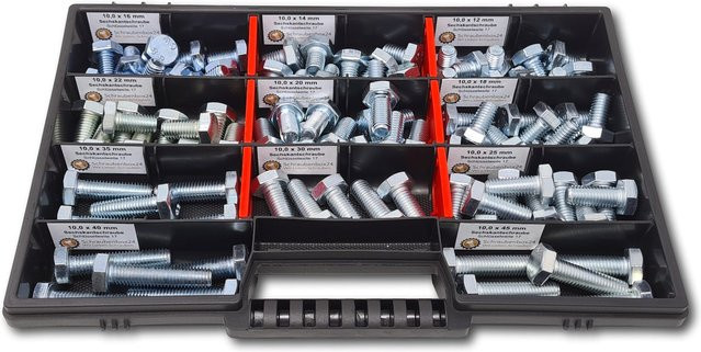 Schraubenbox24 Sechskantschrauben Sortiment M10 DIN 933 Vollgewindeschrauben in Silber, 90-teilig, Länge: 12 mm bis 45 mm - Bild 1