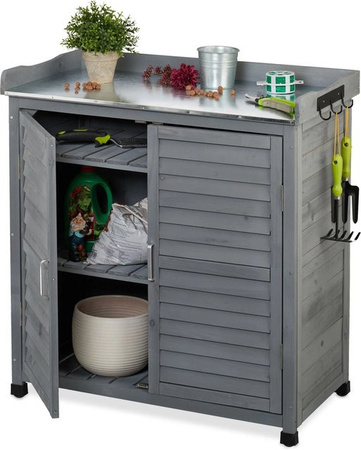 Relaxdays Pflanztisch aus Tannenholz in Grau mit Unterschrank, B/T/H: 90 x 45 x 92 cm