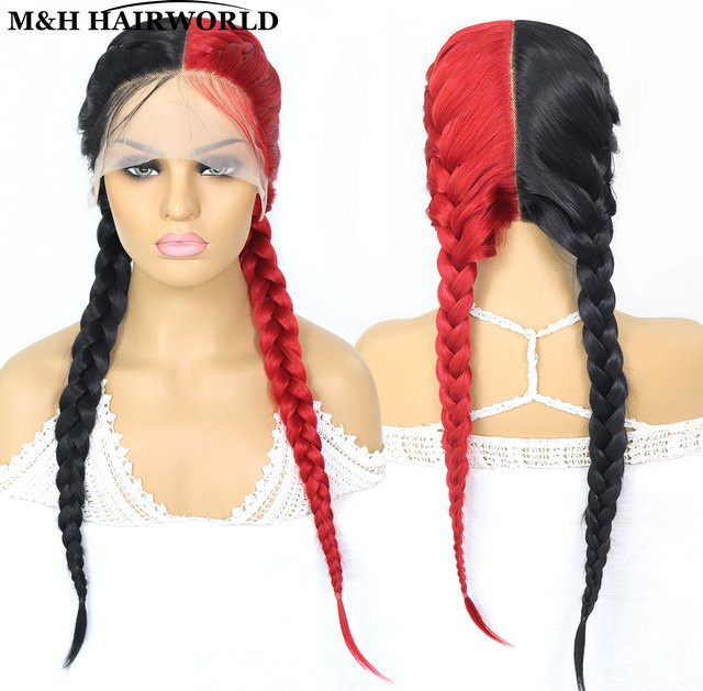M&H HAIRWORLD Lace-Front-Perücke, Doppel-Dutch-Box-Zöpfe, Damen, halbrot-schwarz, 66 cm - Bild 1