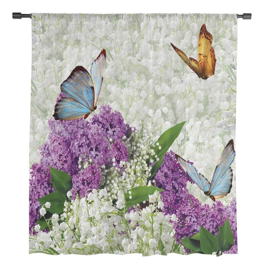Yiran Furniture Transparenter Tüll-Vorhang mit Blumenstrauß und Schmetterling-Motiv in Multicolour, Organza-Voile mit Ösen, Breite: 135 cm, Höhe: 115 cm - Bild 1