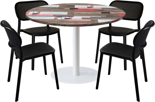 RestooTab Esstisch-Set Rome XL mit 4 Stühlen, runder Esstisch in Weiß und Dekor Holz, mehrfarbig, Höhe: 75 cm, Durchmesser: 120 cm - Bild 1
