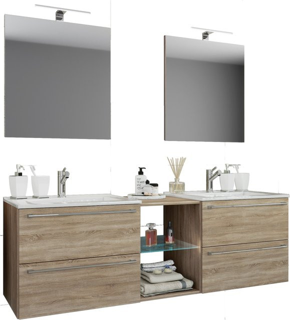 VCM Badmöbel Set Badinos XXL 3-tlg. Doppel-Waschtisch mit Keramik-Waschbecken und Spiegeln in Wandmontage, Breite: 195 cm - Bild 1