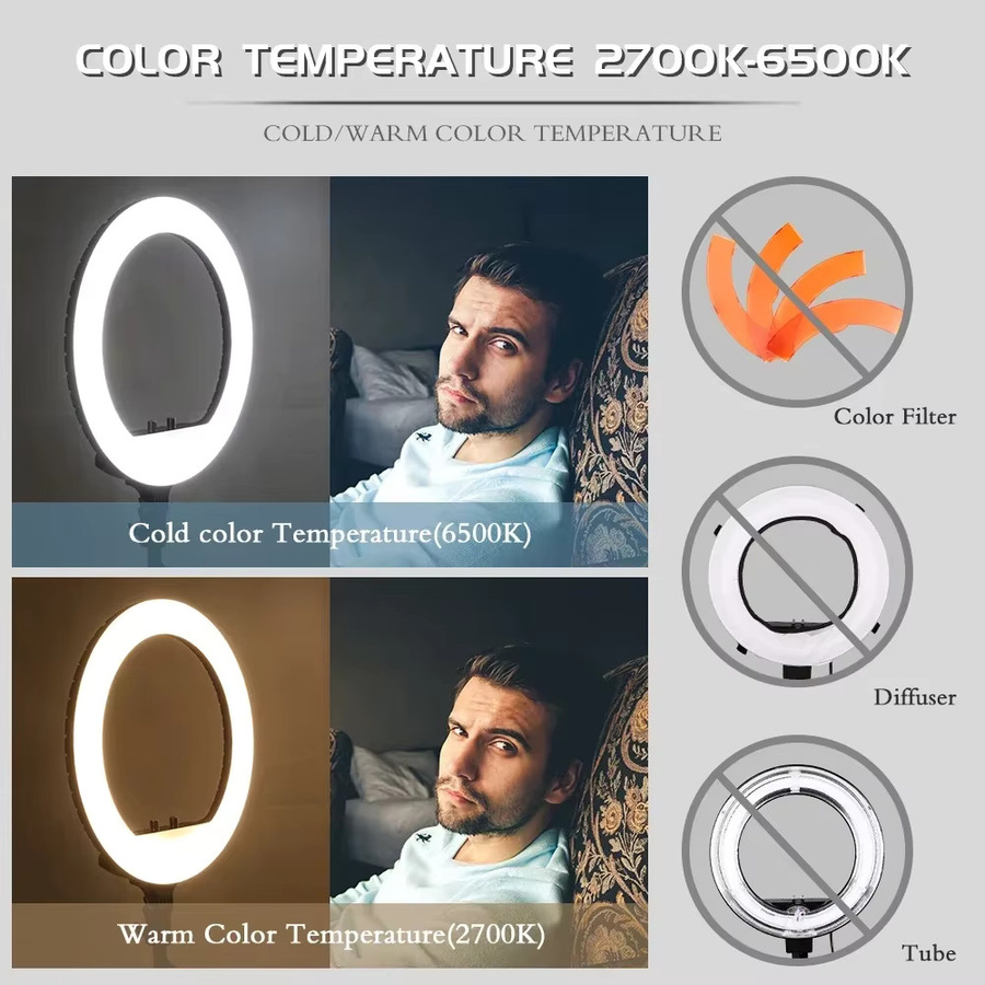 SH Ringlicht mit Stativ 45 cm Durchmesser, dimmbare LED-Selfie-Lampe mit USB-C-Ladefunktion, Schwarz - Bild 4