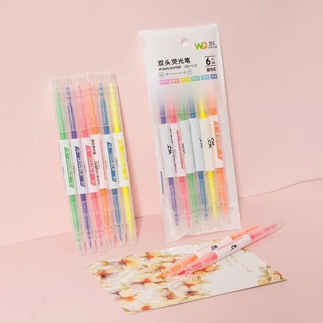 Kissbuty Textmarker Set mit Doppelkopf in 6 Pastellfarben für Schule und Schreibwaren - Bild 1