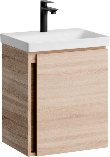 Planetmöbel Waschtischunterschrank Sonoma Eiche mit Keramikwaschbecken und schwarzer Armatur, Breite: 50 cm, Soft-Close-Funktion - Bild 1