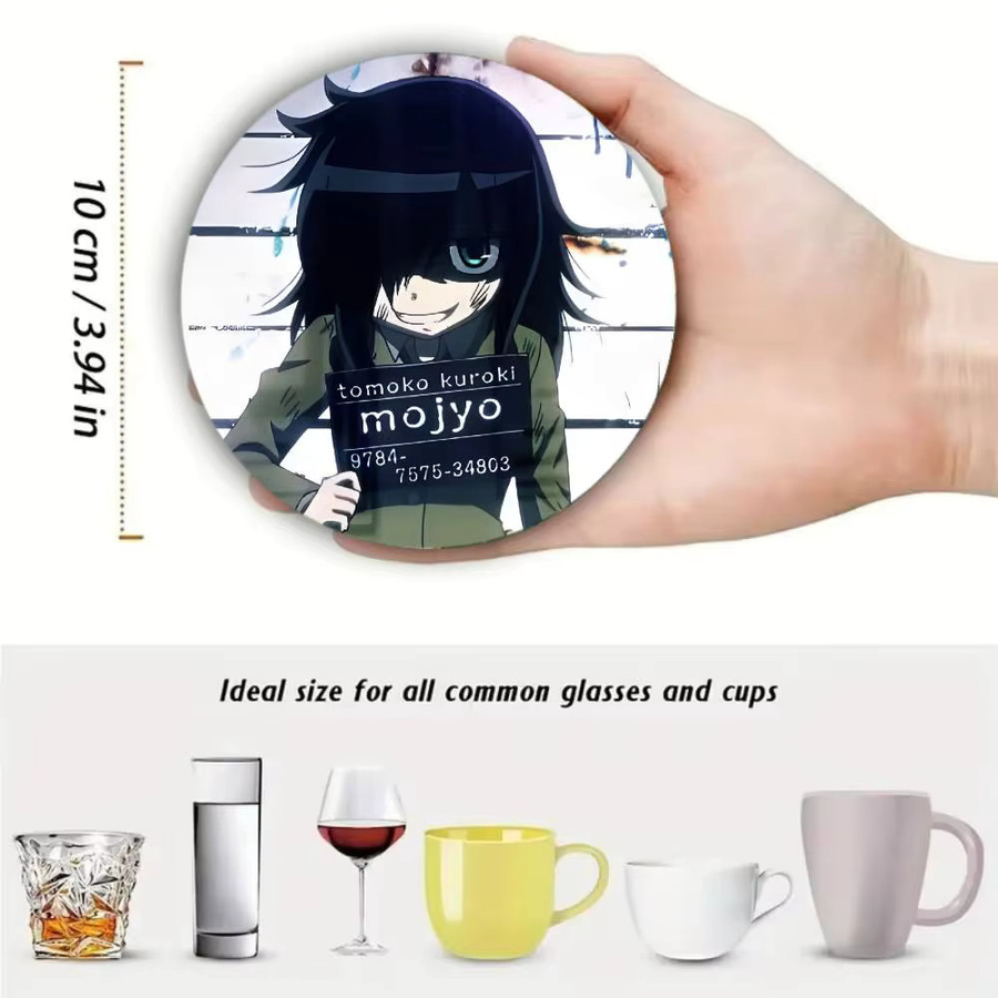 Runder Holz-Untersetzer mit Anime Watamote Tomoko Kuroki Motiv, Durchmesser: 10 cm, Mehrfarbig - Bild 5