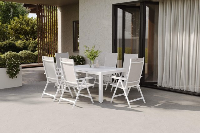 Kettler Garten-Essgruppe aus Aluminium, Glas und Outdoorgewebe in Weiß Matt und Hellgrau mit Ausziehtisch und 6 Klappstühlen - Bild 1
