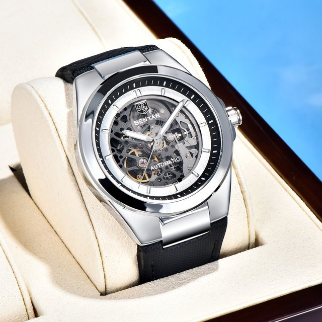 BENYAR Armbanduhr Automatik, Edelstahl, Leder, Blau, Herren - Bild 1