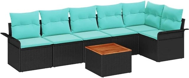 vidaXL Gartensofa-Set 7-teilig aus Poly-Rattan in Schwarz-Türkis mit Polsterung und Tisch - Bild 1