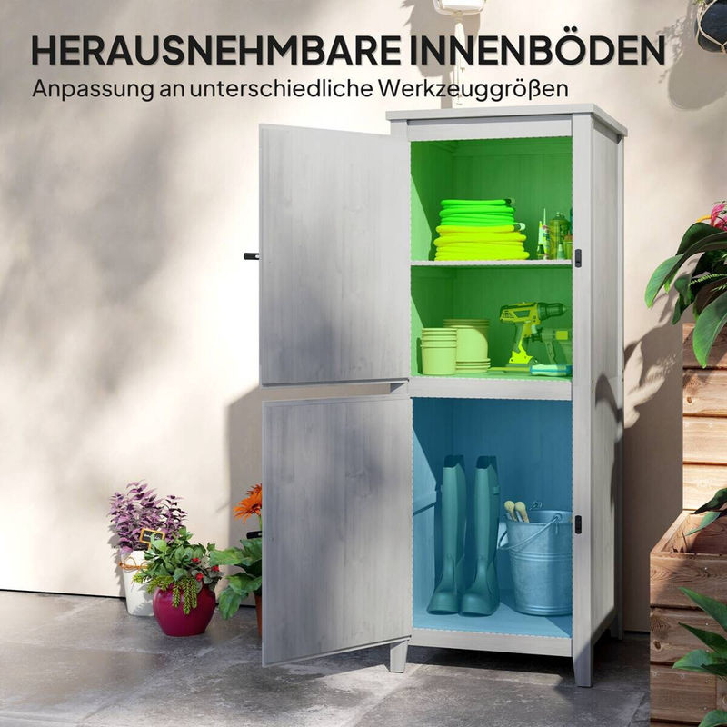 Outsunny Gartenschrank aus Holz in Hellgrau, wetterfester Geräteschuppen mit Doppeltür, Ablagen und Schloss, H x B x T: 160 x 60 x 60 cm - Bild 2
