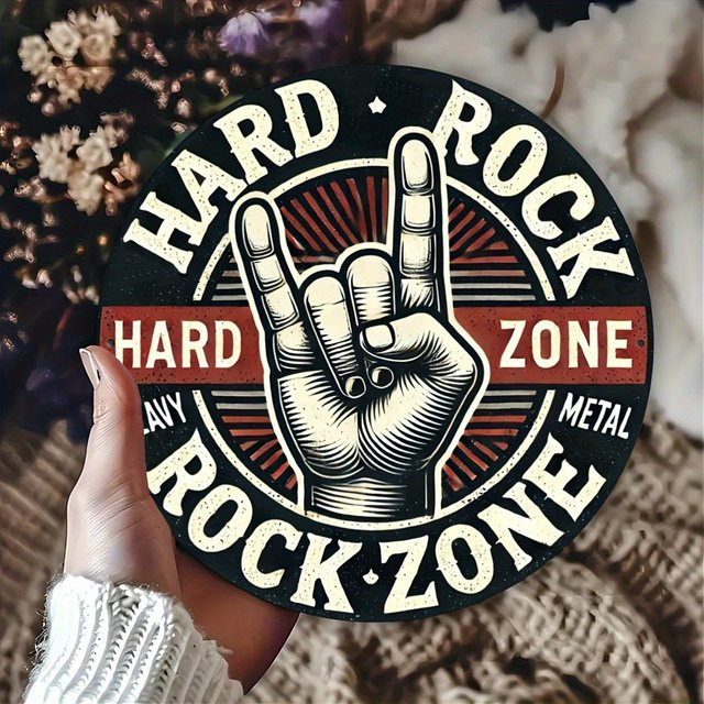 Vintage Hard Rock Rock Zone Blechschild von Zone Denmark, Rundes Metall-Wandbild im Retro-Stil mit Rock On Hand Gesture, Durchmesser: 20 cm, Mehrfarbig - Bild 1