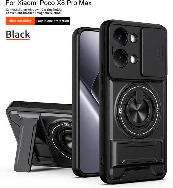 Stoßfeste magnetische Armor Handyhülle für Xiaomi Poco X8 Pro Max X7 X6 Pro F8 Ultra mit Kamera-Schutzlinse und Ständer in Schwarz - Bild 1