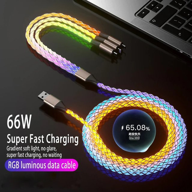 OIITH 3 in 1 66W 6A Schnellladekabel mit RGB-Licht, USB Typ C und Micro USB Datenkabel in Rot/Multicolor - Bild 1