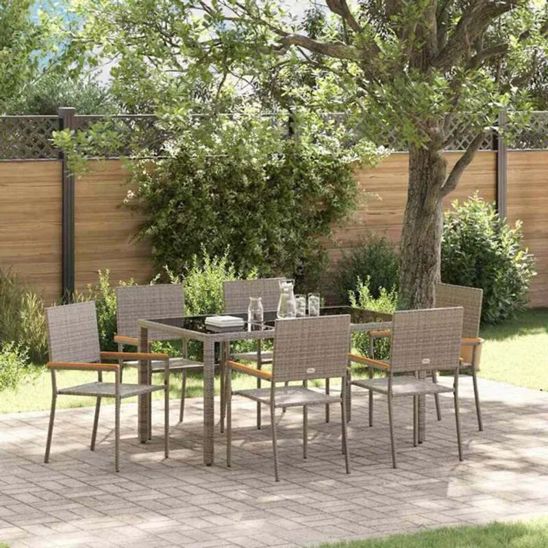 vidaXL Gartenmöbel-Set aus Polyrattan und Glas in Grau, 7-teilige moderne Essgruppe, B/T/H: 150 x 90 x 75 cm - Bild 1