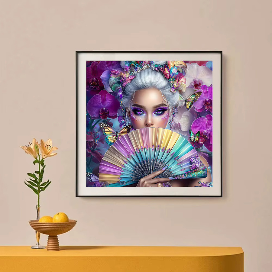 Huacan DIY-Diamantgemälde Porträt einer Frau mit Schmetterlingen und floralen Elementen, rund, mehrfarbig - Bild 3