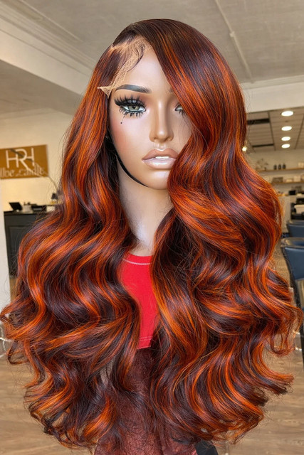 Duoxuan Lace Front Perücke, Echthaar, Ombre Body Wave, Ingwer-Orange-Braun - Bild 1