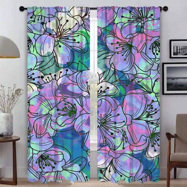 Moderne halbtransparente Tüllgardinen mit floralem Design von Household supplies MH, 2er-Set, Mehrfarbig, Breite: 50 cm, Höhe: 70 cm - Bild 1