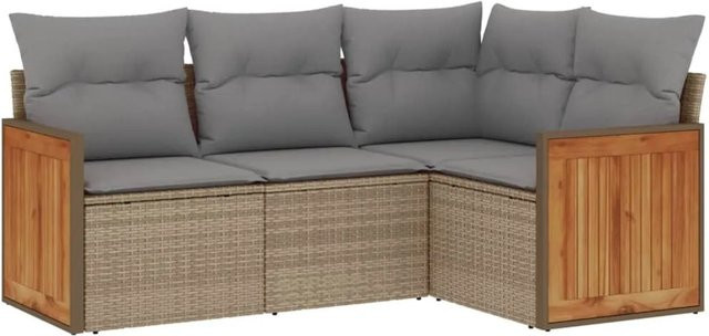 vidaXL 4-tlg Garten-Sofagarnitur in L-Form aus Polyrattan und Akazienholz in Beige mit Kissen und Stauraum - Bild 1
