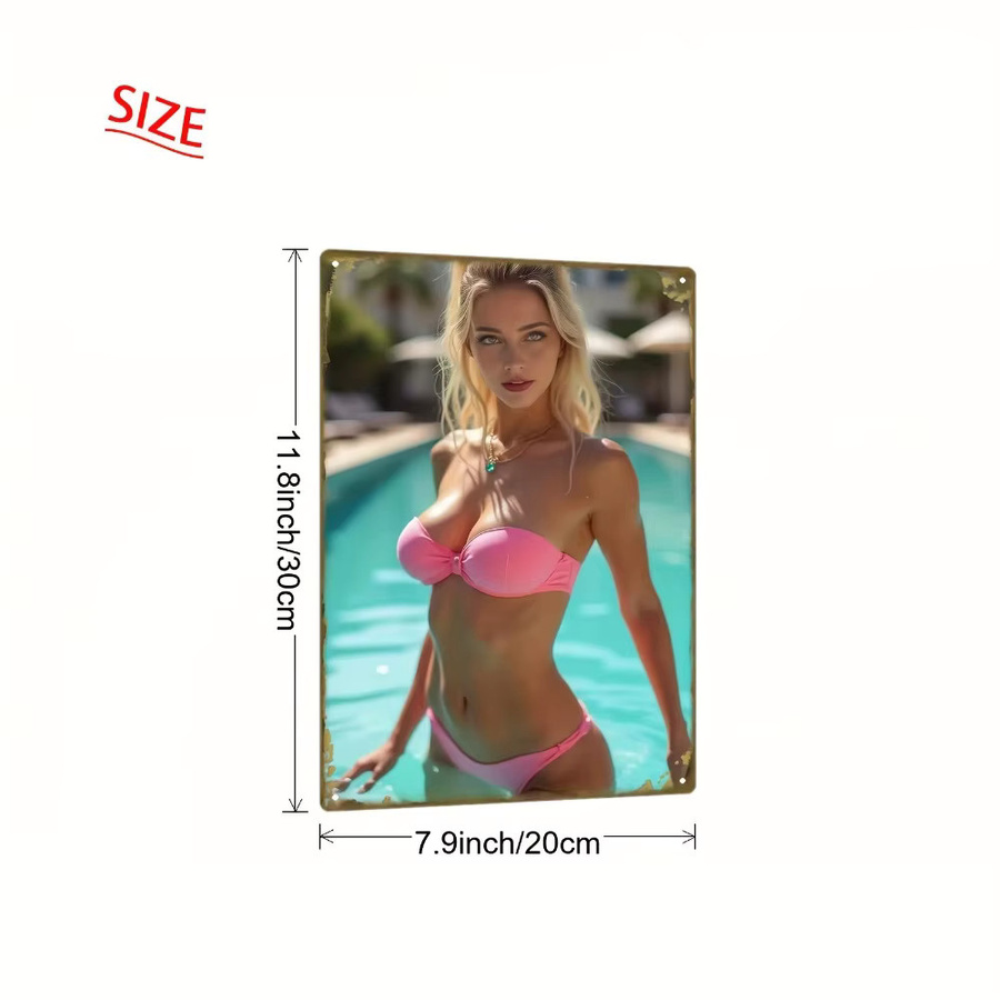 HELLOYOUNG Vintage Metallwandkunst Elegante Blondine im Rosa Bikini am Pool B/H: 20,32 x 30,48 cm - Bild 3